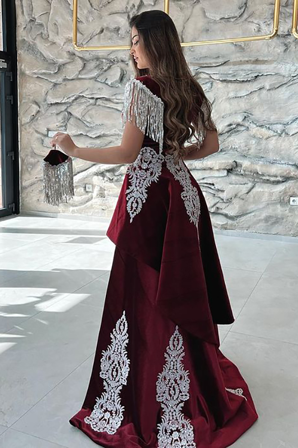 Velvet Burgundy Lace Sleeveless Evening Gown Long with Sweep Train