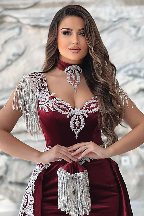 Velvet Burgundy Lace Sleeveless Evening Gown Long with Sweep Train