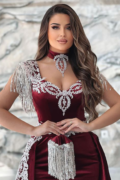 Velvet Burgundy Lace Sleeveless Evening Gown Long with Sweep Train