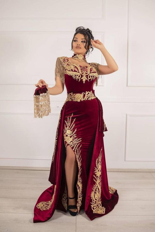 Velvet Burgundy Mermaid Prom Dress | Tassel Gold Appliqués Evening Gown with Side Split