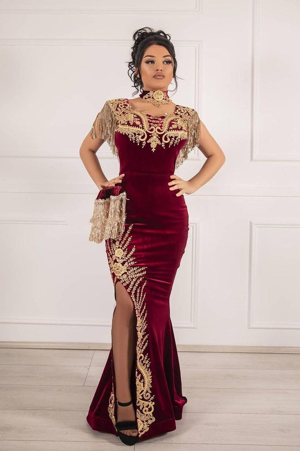 Velvet Burgundy Mermaid Prom Dress | Tassel Gold Appliqués Evening Gown with Side Split