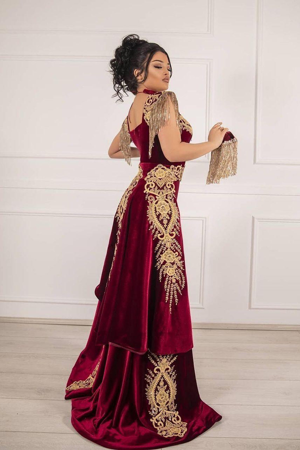 Velvet Burgundy Mermaid Prom Dress | Tassel Gold Appliqués Evening Gown with Side Split
