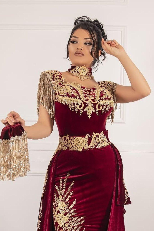 Velvet Burgundy Mermaid Prom Dress | Tassel Gold Appliqués Evening Gown with Side Split