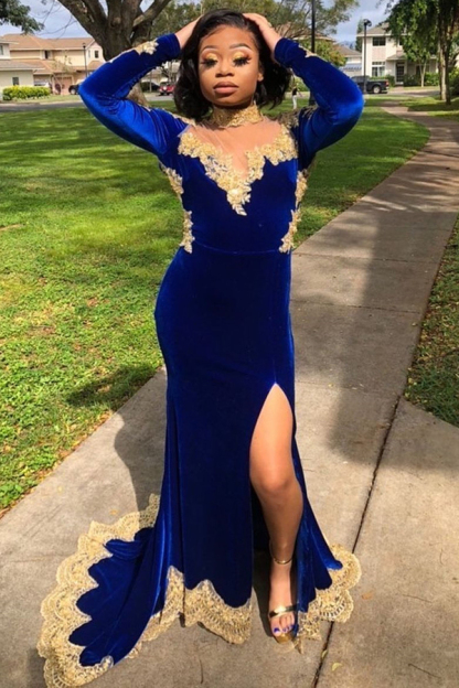 Velvet Long Sleeve Mermaid Evening Gown | Side Split Gold Appliqués Prom Dress Royal Blue