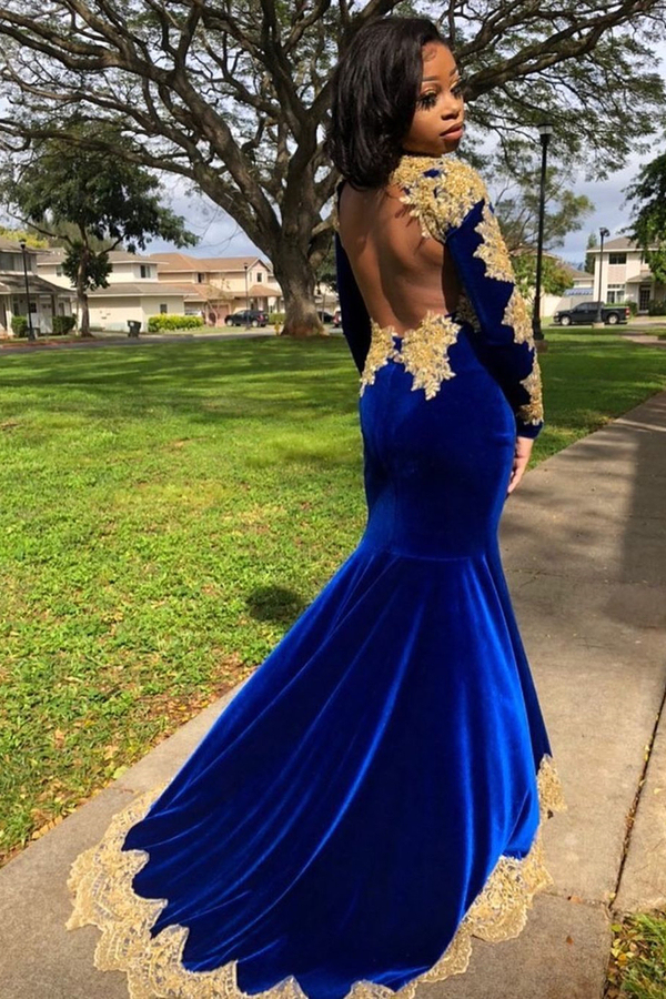 Velvet Long Sleeve Mermaid Evening Gown | Side Split Gold Appliqués Prom Dress Royal Blue