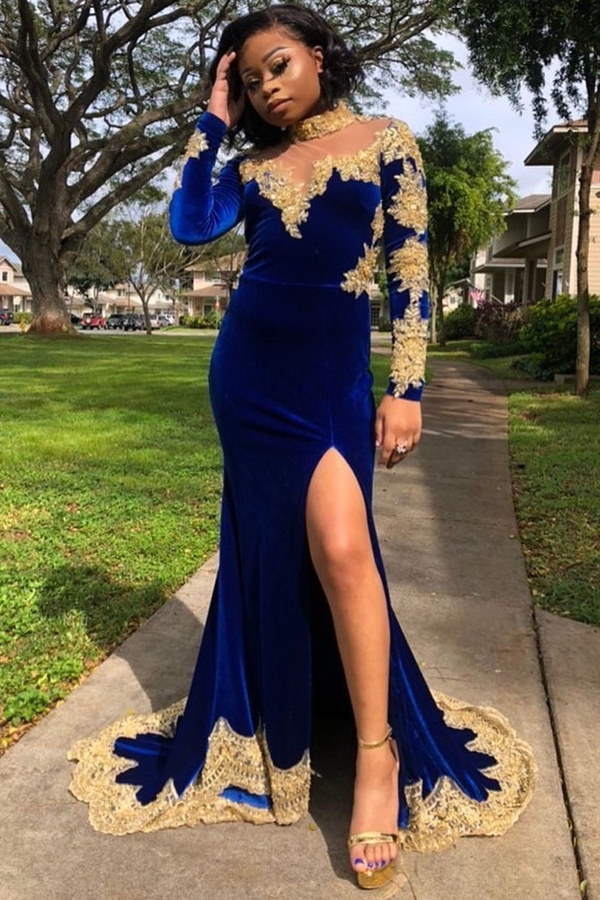 Velvet Long Sleeve Mermaid Evening Gown | Side Split Gold Appliqués Prom Dress Royal Blue