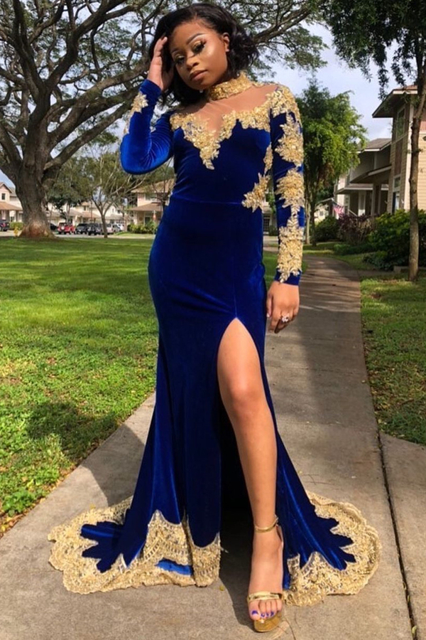 Velvet Long Sleeve Mermaid Evening Gown | Side Split Gold Appliqués Prom Dress Royal Blue