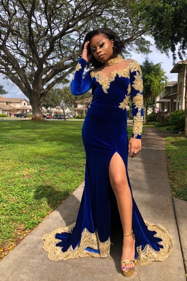 Velvet Long Sleeve Mermaid Evening Gown | Side Split Gold Appliqués Prom Dress Royal Blue