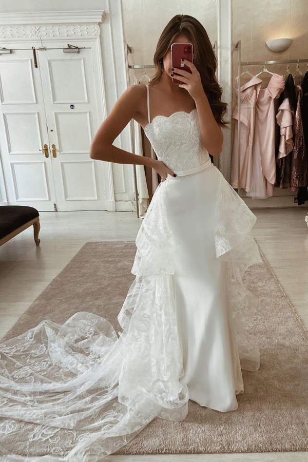 White Boho Court Train Bridal Gown for Summer Beach Wedding