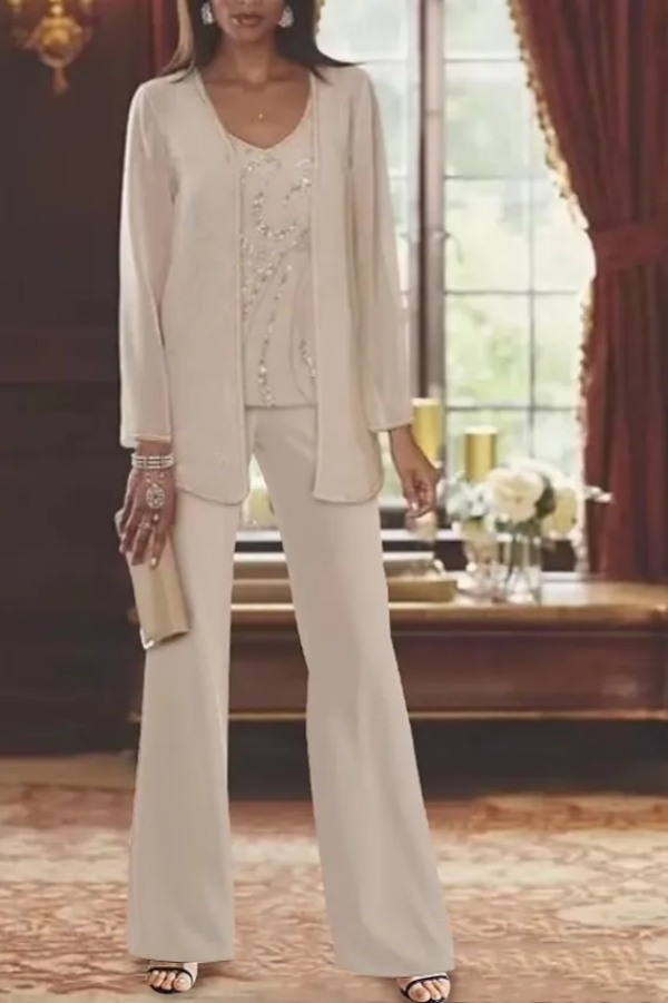 White Chiffon Mother of the Bride Dress with Jacket | 3-Piece Suit Wedding Guest Outfit