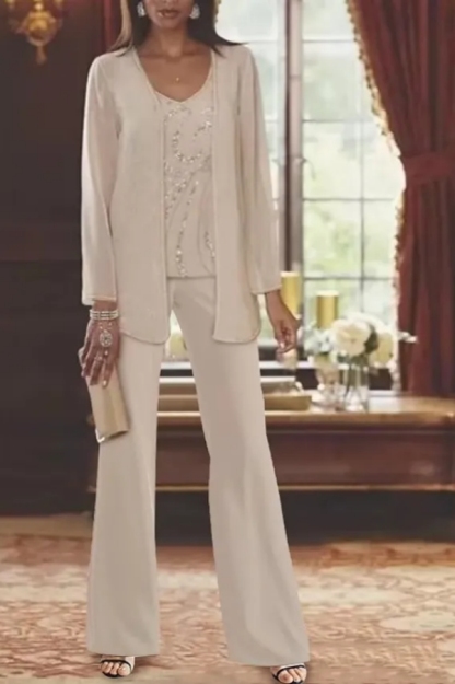 White Chiffon Mother of the Bride Dress with Jacket | 3-Piece Suit Wedding Guest Outfit