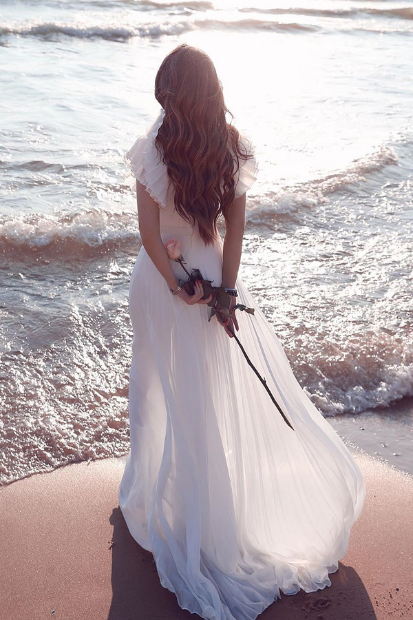 White Chiffon V-Neck Beach Wedding Dress with Ruffle Sleeves