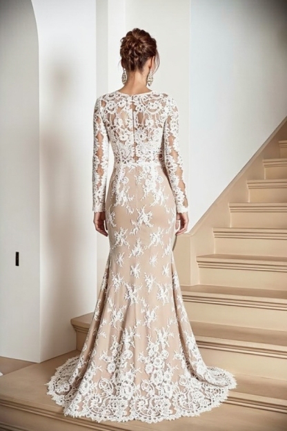 Boho White Lace Appliques Mermaid Wedding Dresses | Long Sleeves Floor Length Bridal Dress
