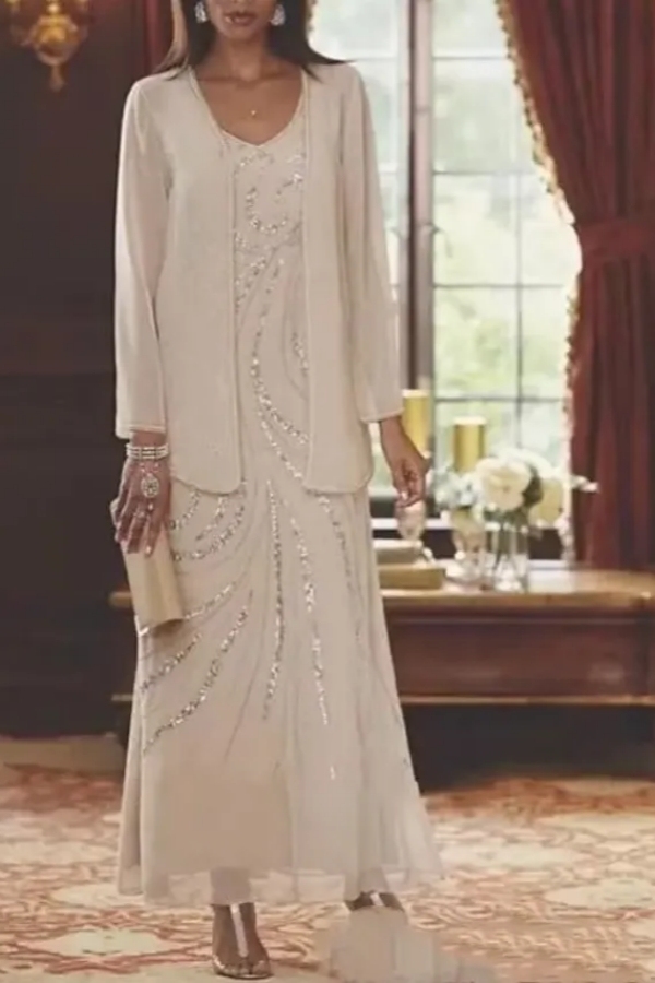 White Long A-Line Mother of the Bride Dress Chiffon 2 Pieces Wedding Guest Dress