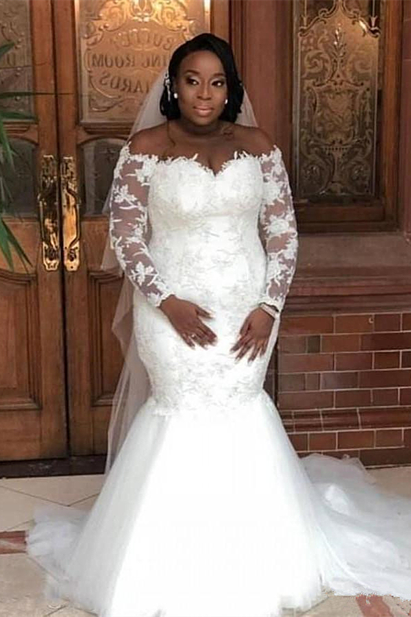 White Long Sleeve Off-Shoulder Mermaid Lace Wedding Dress