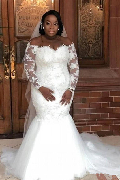 White Long Sleeve Off-Shoulder Mermaid Lace Wedding Dress