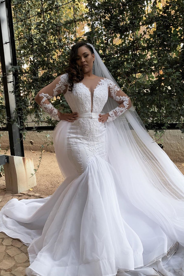 White Long Sleeve Plus Size Mermaid Wedding Dress with Belt
