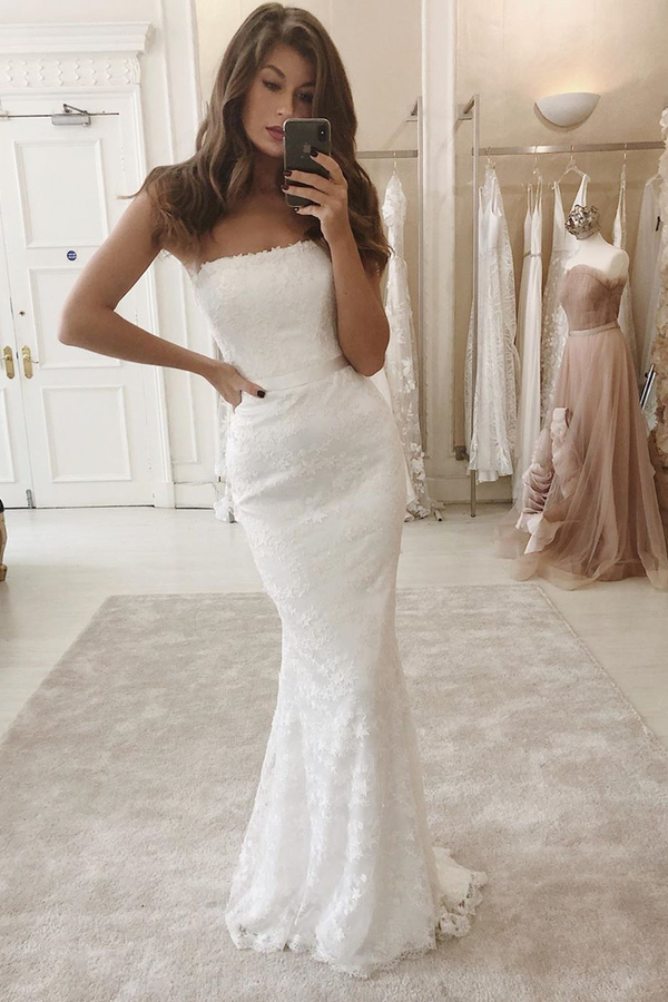 White Strapless Mermaid Wedding Dress with Overskirt
