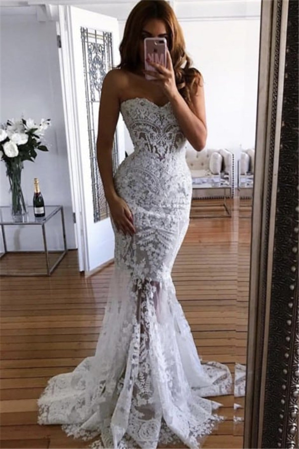White Sweetheart Neck Sheer Lace Applique Mermaid Wedding Dress