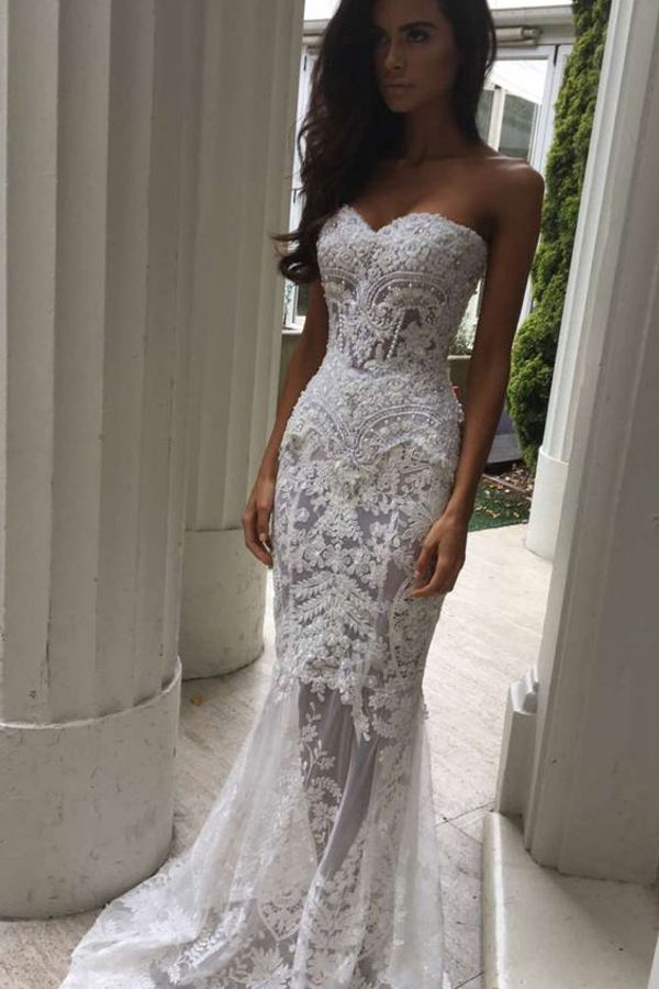White Sweetheart Neck Sheer Lace Applique Mermaid Wedding Dress