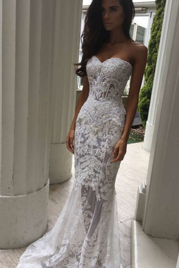 White Sweetheart Neck Sheer Lace Applique Mermaid Wedding Dress