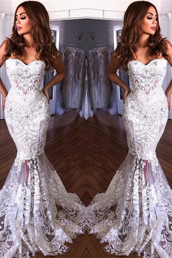 White Sweetheart Neck Sheer Lace Applique Mermaid Wedding Dress
