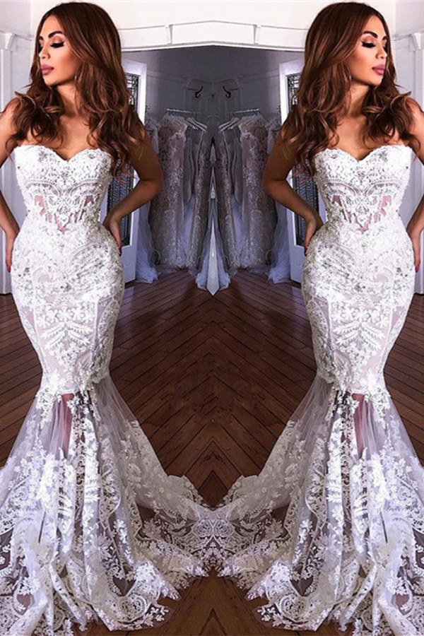 White Sweetheart Neck Sheer Lace Applique Mermaid Wedding Dress