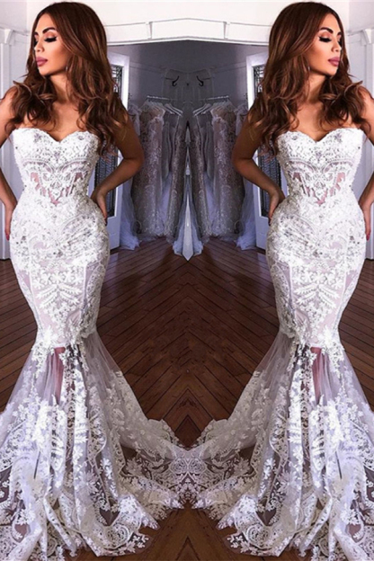 White Sweetheart Neck Sheer Lace Applique Mermaid Wedding Dress