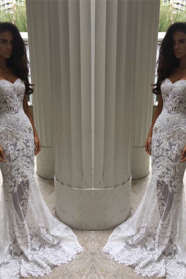 White Sweetheart Neck Sheer Lace Applique Mermaid Wedding Dress