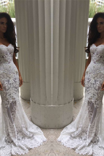 White Sweetheart Neck Sheer Lace Applique Mermaid Wedding Dress