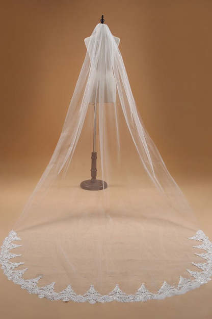 Ethereal White Long Bridal Veil with Handcrafted Lace Details