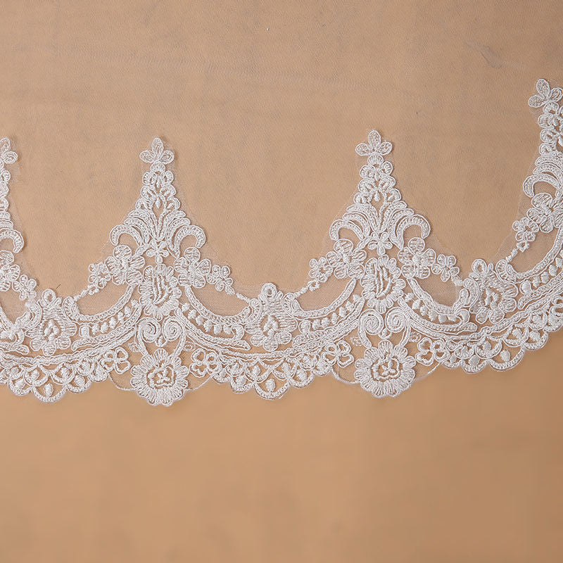 Ethereal White Long Bridal Veil with Handcrafted Lace Details