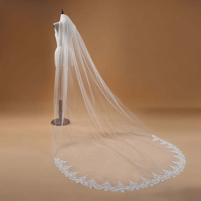 Ethereal White Long Bridal Veil with Handcrafted Lace Details