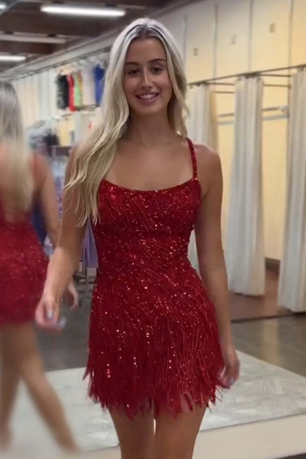 Sparkly Hot Pink Spaghetti Straps Sequins Fringed Tight Short Hoco Dress