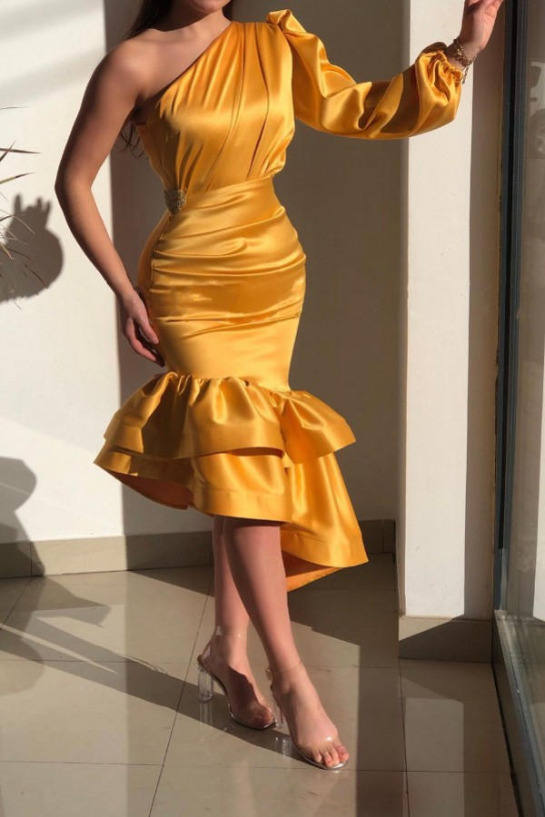 Yellow Gorgeous One-Shoulder Ruffled Evening Dress | One-Shoulder Cropped Prom Dress