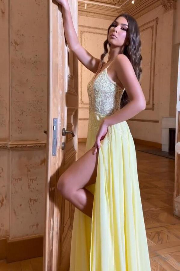 Yellow Long Evening Dress Front Split Lace Prom Dress