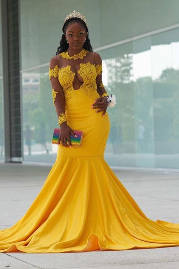 Yellow Long Sleeve Mermaid Prom Gown with Sweep Train Appliques