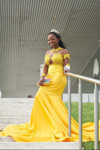 Yellow Long Sleeve Mermaid Prom Gown with Sweep Train Appliques