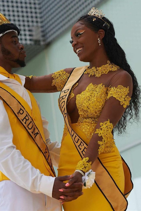 Yellow Long Sleeve Mermaid Prom Gown with Sweep Train Appliques