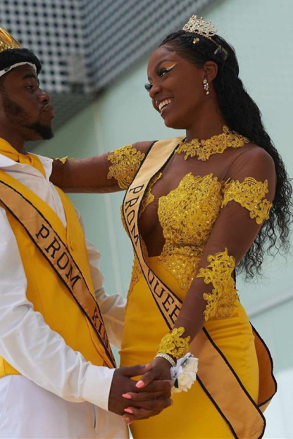 Yellow Long Sleeve Mermaid Prom Gown with Sweep Train Appliques