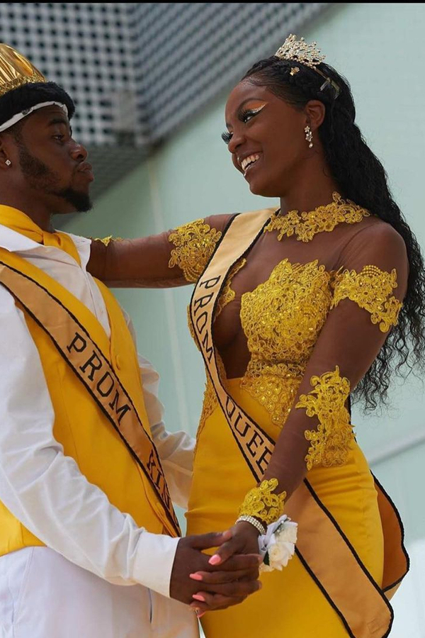 Yellow Long Sleeve Mermaid Prom Gown with Sweep Train Appliques