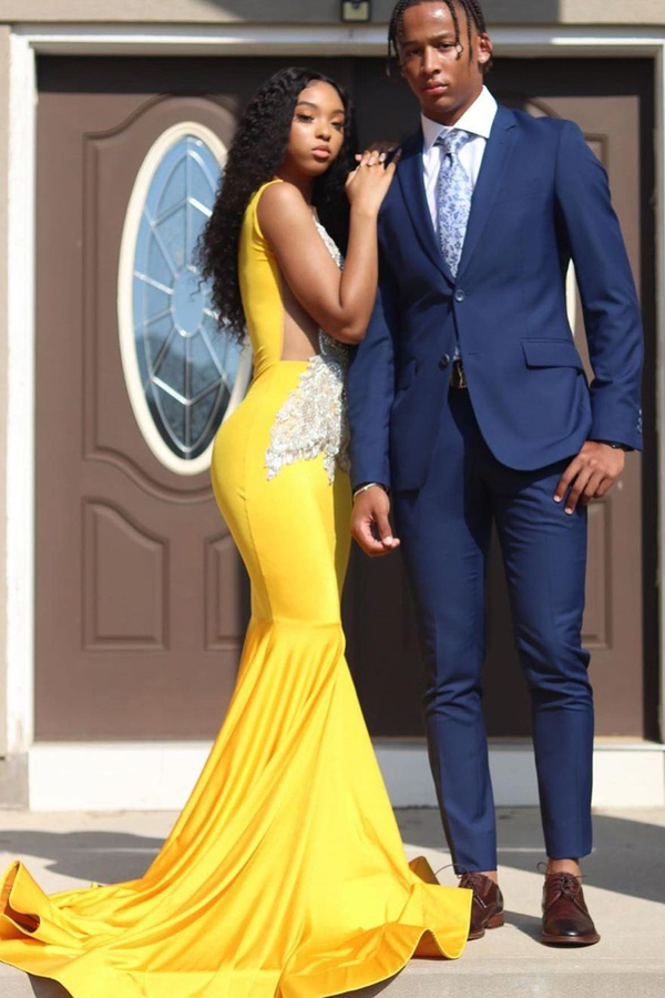 Yellow Sleeveless Mermaid Evening Prom Dress with Lace Appliqués