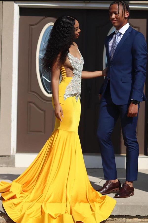 Yellow Sleeveless Mermaid Evening Prom Dress with Lace Appliqués