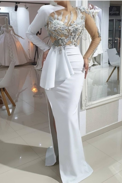 Chicloth One Shoulder Long Sleeves Side Split Prom Dress With Appliques
