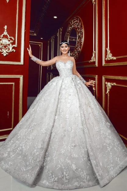 Gorgeous Long Sleeve Bridal Gowns Floral Lace Appliques Ball Gown Wedding Dresses 