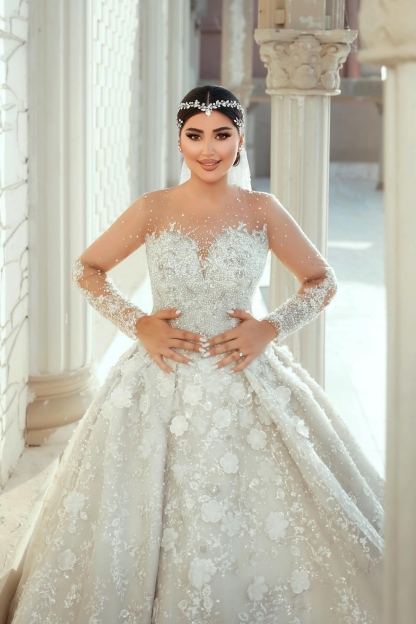 Gorgeous Long Sleeve Bridal Gowns Floral Lace Appliques Ball Gown Wedding Dresses 