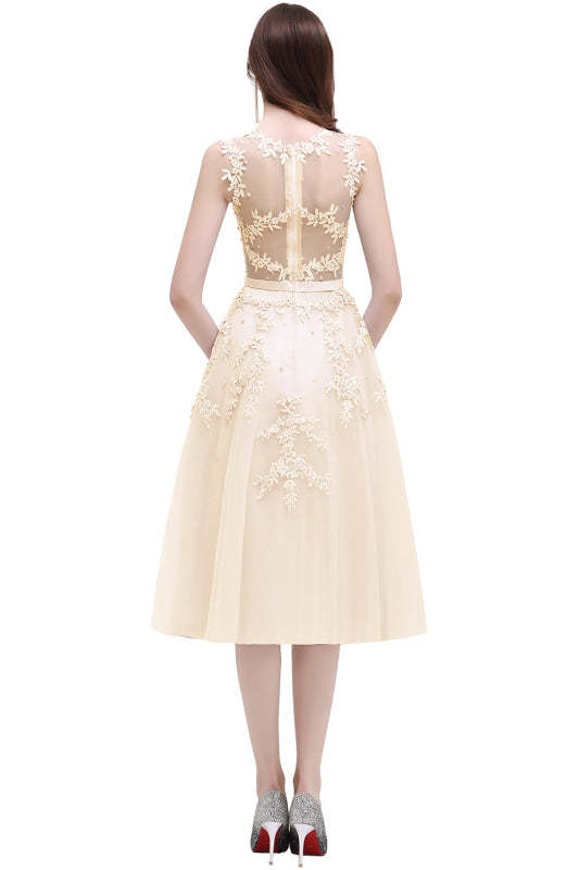 A-line TulleLace Tea Length Party Dress Crew neck Sleeveless Short Homecoming Dress - Prom Dresses