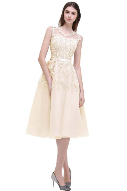 A-line TulleLace Tea Length Party Dress Crew neck Sleeveless Short Homecoming Dress - Champagne / US 2 - Prom Dresses
