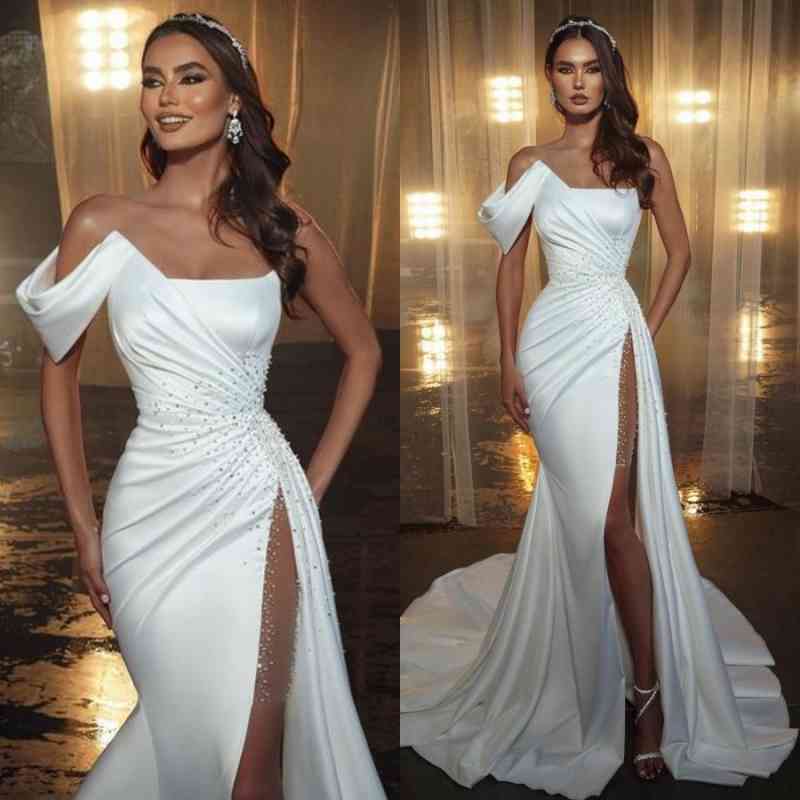 Chicloth Off-the-Shoulder Mermaid Prom Dress Slit White With Beads