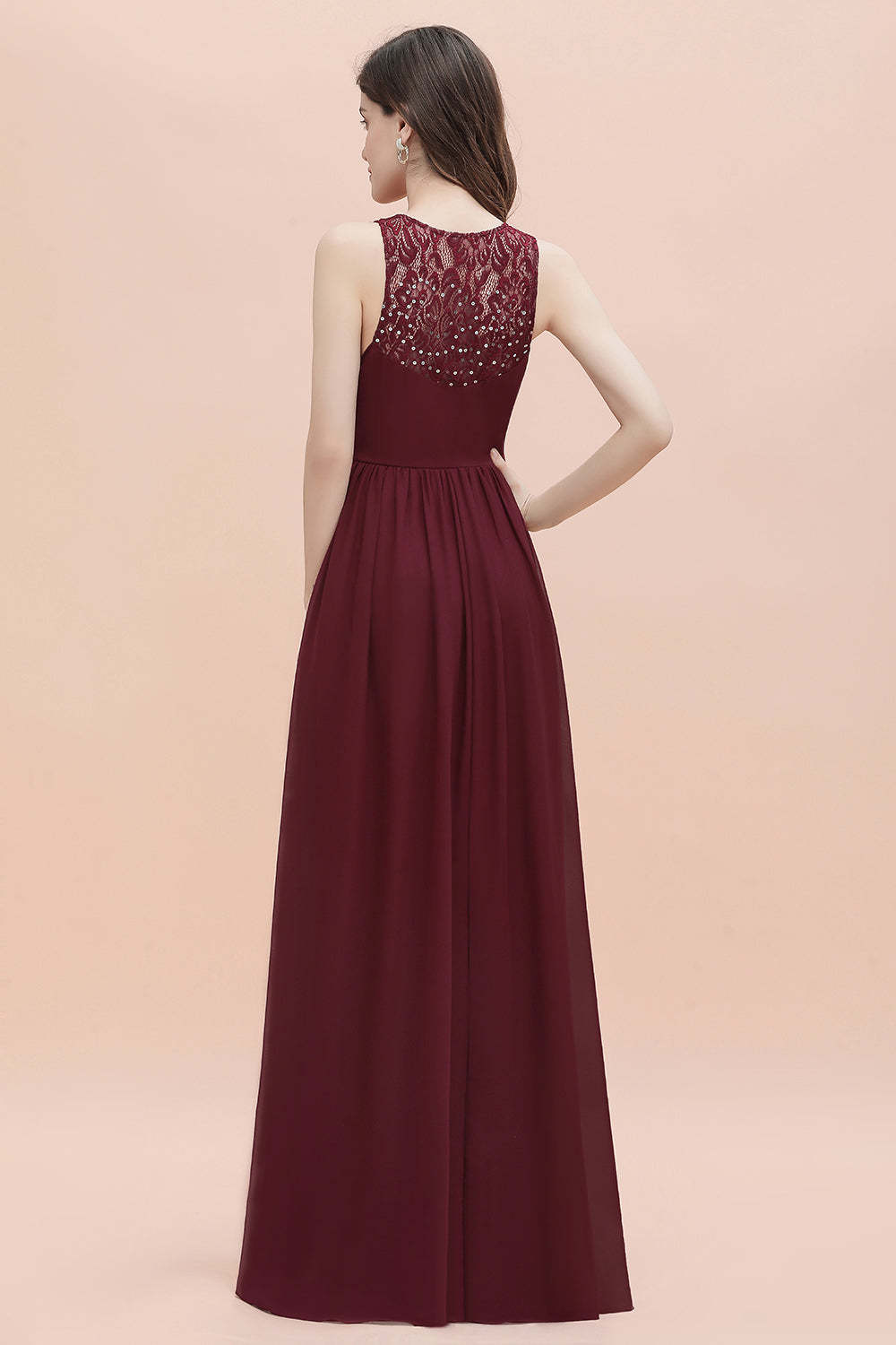 Chicloth Elegant V-Neck Lace Ruffles Bridesmaid Dress Sequins Burgundy Chiffon Evening Dress